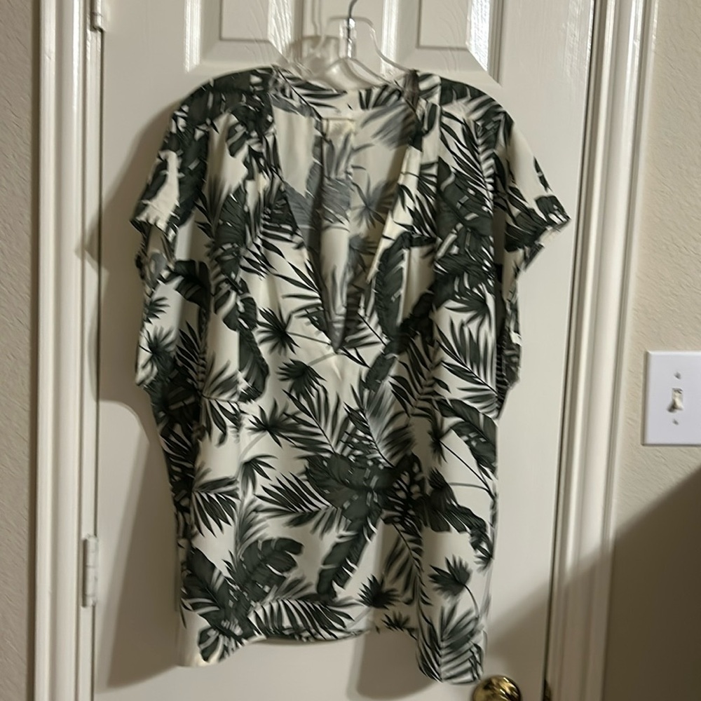 H&M White Blouse with Dark Green Palm Print